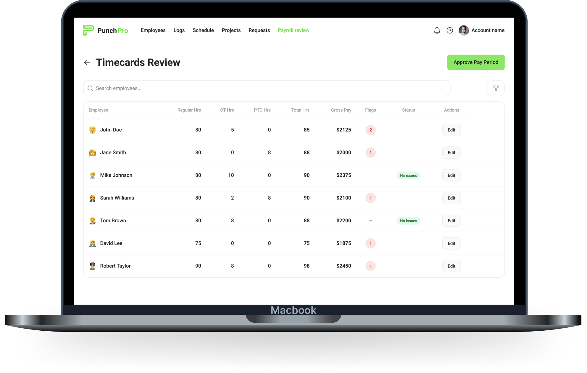 Timecards Review desktop dashboard