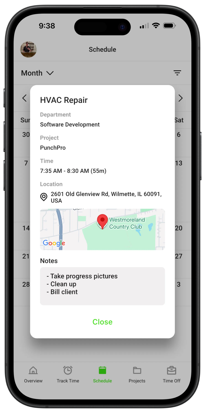Schedule and job tracking on mobile