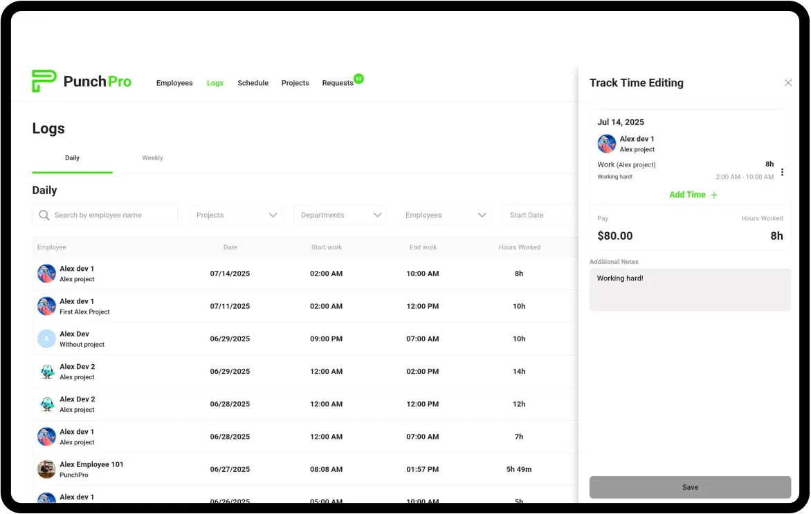 Timecard management interface