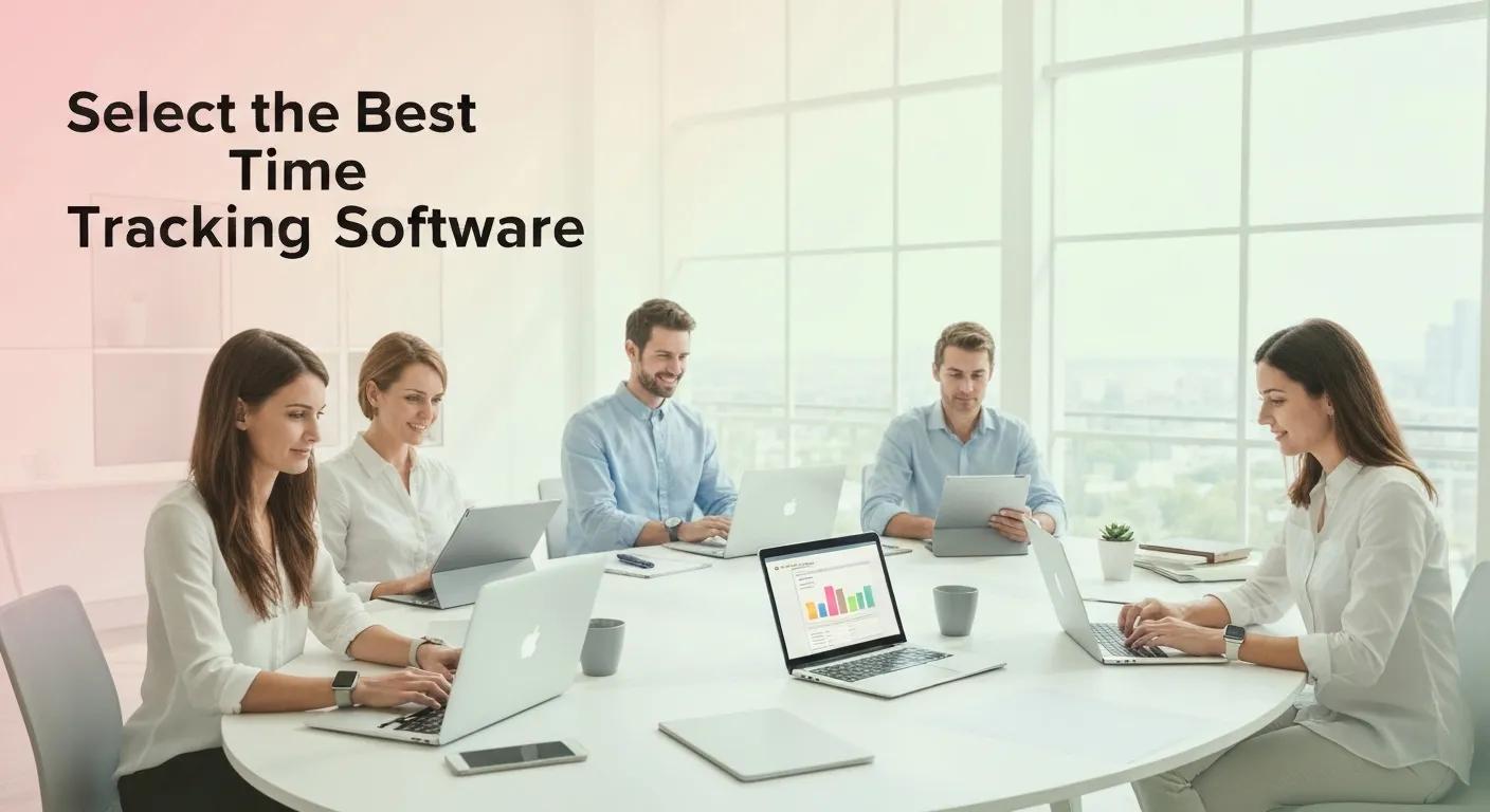 Group of professionals selecting time tracking software at a modern office, featuring laptops and a chart displaying productivity metrics.