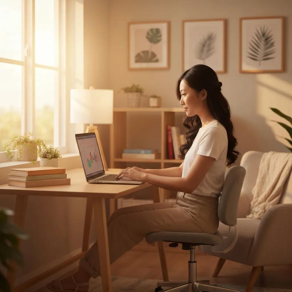 Remote worker logging hours with time tracking software in a cozy home office