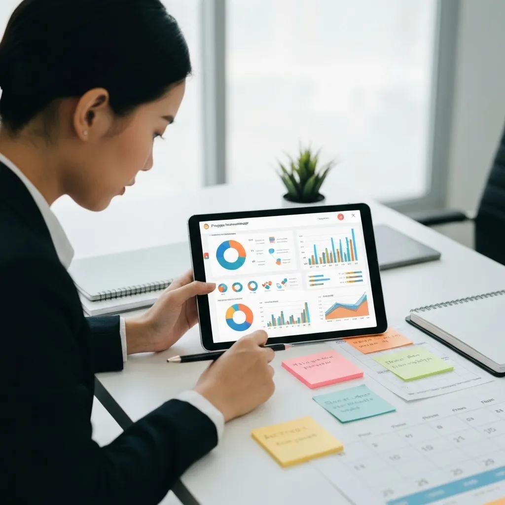 Project manager analyzing project time tracking data on a tablet in a dynamic workspace