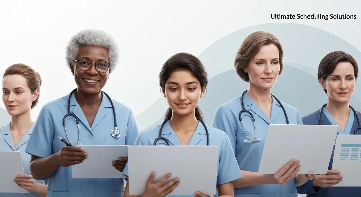Diverse group of healthcare professionals in scrubs holding digital tablets, representing efficient nurse scheduling and time tracking solutions for healthcare staff management.