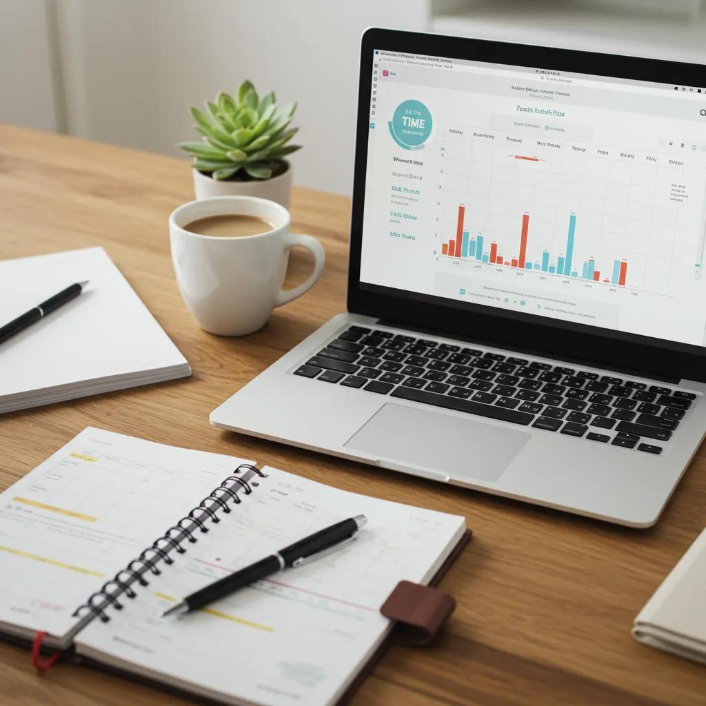 Modern workspace featuring a laptop displaying a time tracking app, planner, coffee cup, and succulent plant, emphasizing productivity and organization for effective workforce management.
