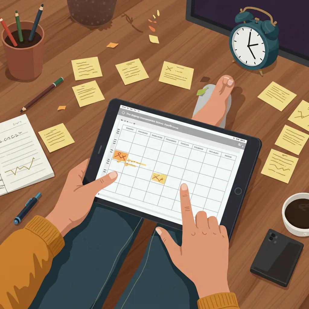 Person using time management software on a tablet in a cozy home office, surrounded by notes and a clock, illustrating productivity and focus strategies.