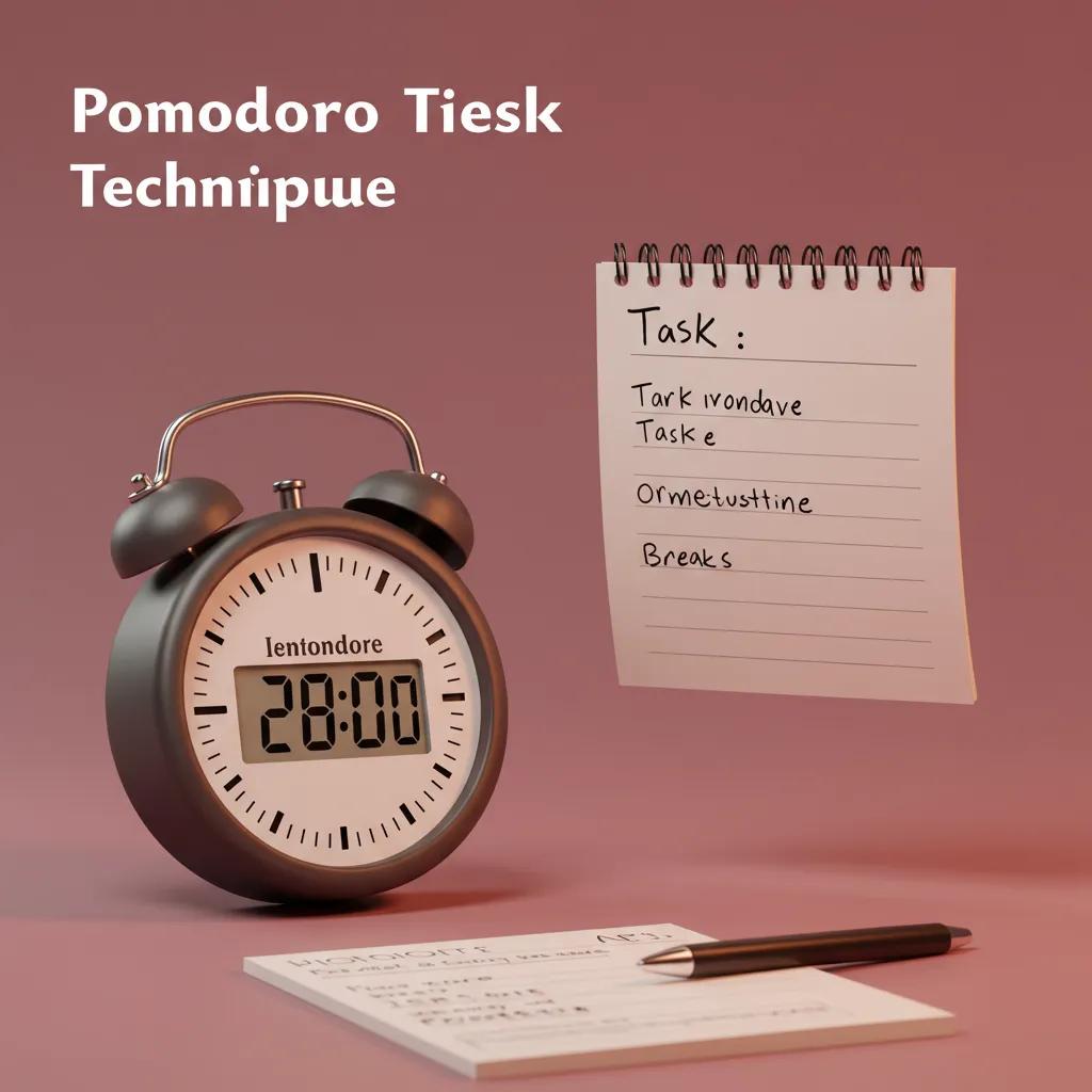 Pomodoro timer set to 28:00 with a notepad listing tasks and breaks, illustrating the Pomodoro Technique for enhanced focus and time management.