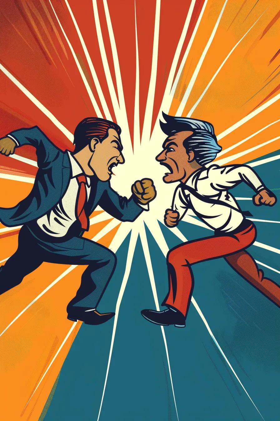 Two businessmen in suits facing off aggressively, emphasizing competition and conflict, with vibrant explosive background representing dynamic business challenges.