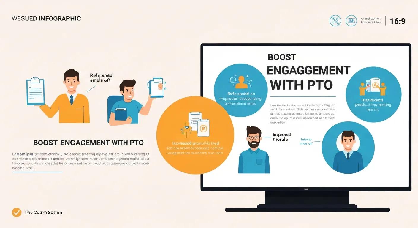 Infographic illustrating employee engagement with PTO, featuring characters holding documents and a computer screen displaying benefits like increased productivity and improved morale.