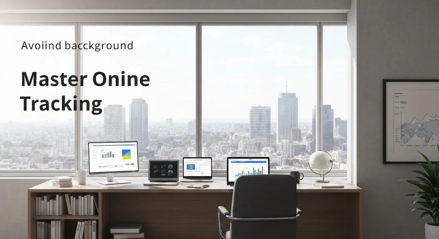 Modern office workspace with multiple screens displaying charts and graphs, emphasizing online tracking and productivity management for employee efficiency.