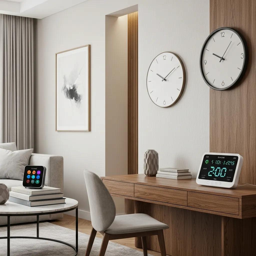 Stylish living room featuring two wall clocks and a modern digital clock on a desk, emphasizing customizable timekeeping solutions for efficient time management.