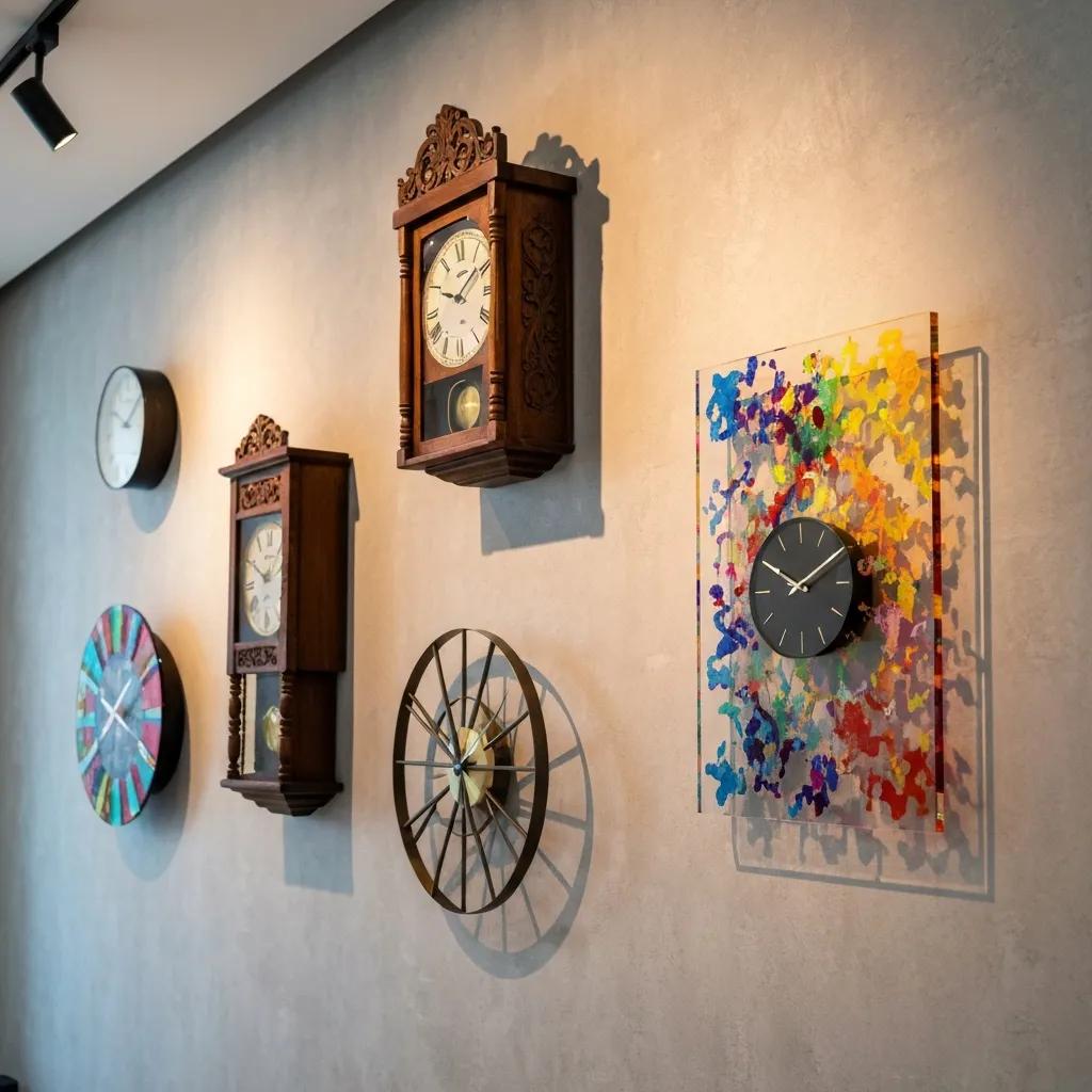 Gallery wall featuring unique wall clocks in various styles and materials, including ornate wooden clocks, a colorful abstract clock, and a minimalist black clock, showcasing decorative appeal in home design.