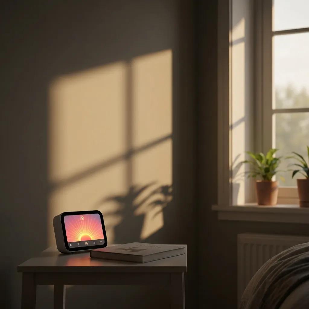 Smart alarm clock on bedside table with sunrise simulation display, in tranquil bedroom setting with natural light and indoor plants, illustrating features that enhance sleep and morning routines.