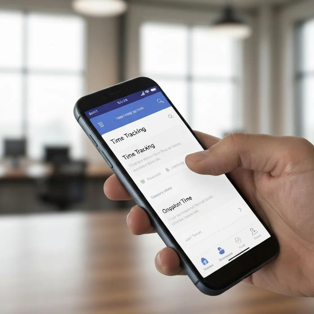 Close-up of a smartphone displaying a time tracking app interface, with blurred office background, illustrating mobile time capture for payroll management.
