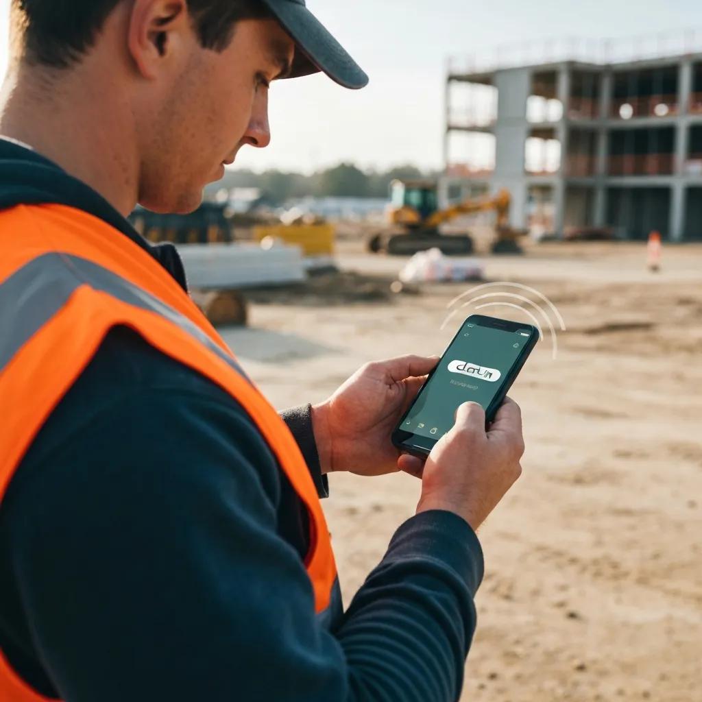 Employee in safety vest using mobile time clock app for GPS-enabled time tracking on construction site.
