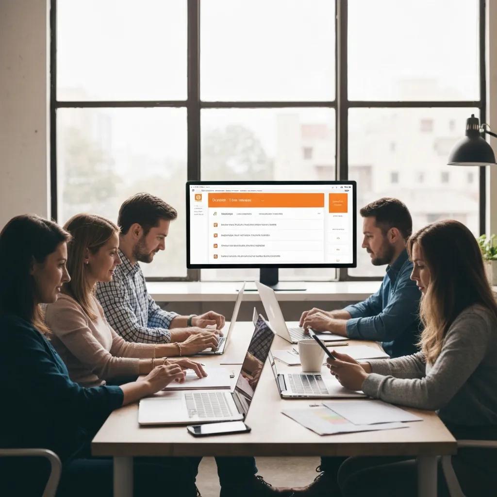 Employees engaging with an online timesheet system on laptops in a modern office environment, promoting productivity and efficient time management with PunchPro's time tracking software.