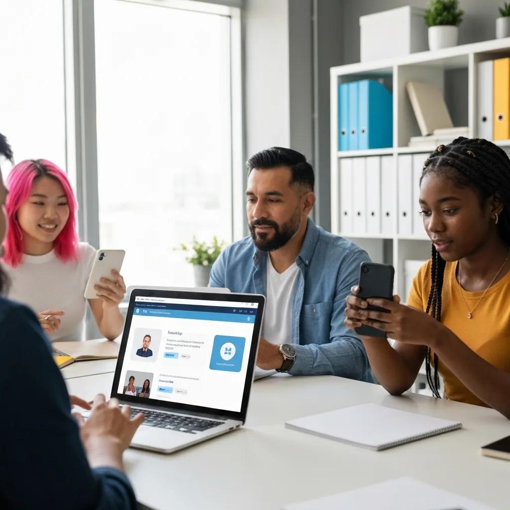 Employees engaging with time clock software on a laptop in a modern office environment, using smartphones to enhance productivity and streamline attendance tracking.