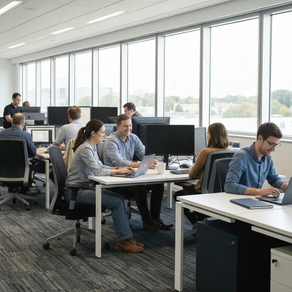 Employees engaged in collaborative work using web-based time clock applications in a modern office environment, enhancing productivity and attendance tracking.