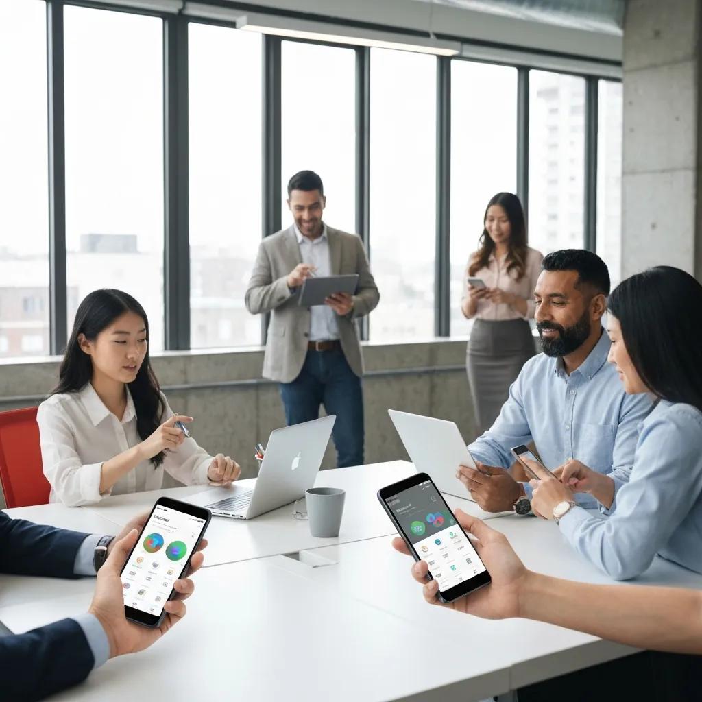 Employees collaborating in a modern office, using mobile time tracking apps on smartphones and laptops to enhance productivity and streamline time management.