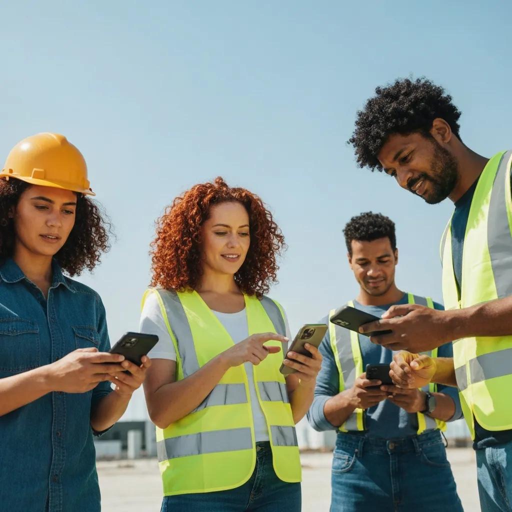 Diverse group of construction workers using mobile timekeeping apps, showcasing productivity and modern workforce management in a sunny outdoor setting.