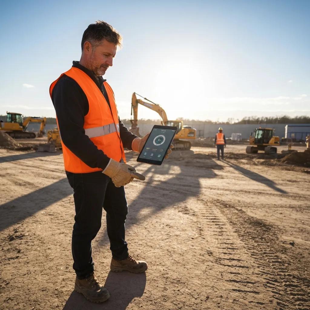 Field employee using mobile timesheet app on tablet at construction site, wearing safety vest and gloves, with machinery in background, illustrating real-time time capture and remote team capabilities.