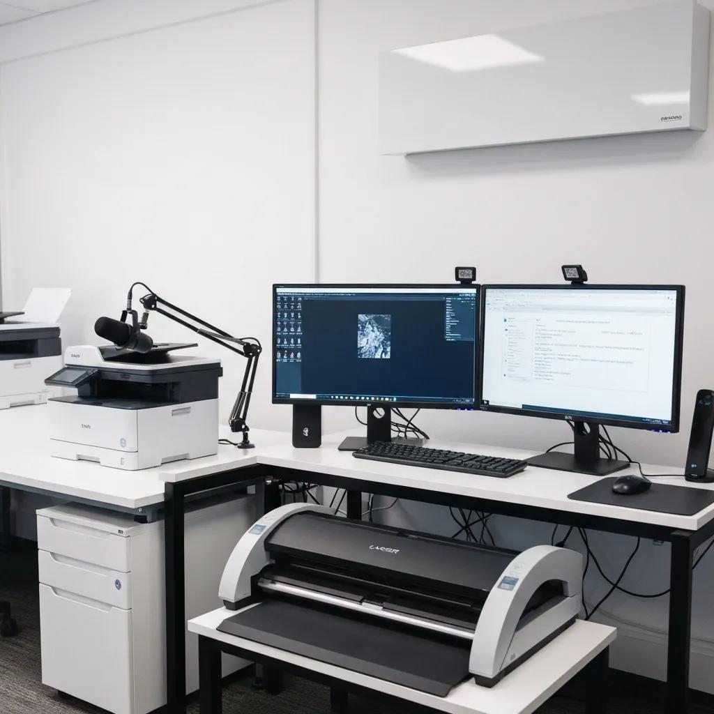 Cozy workspace featuring dual monitors, a printer, and a scanner, illustrating a productive environment for employee check-ins and performance assessments.