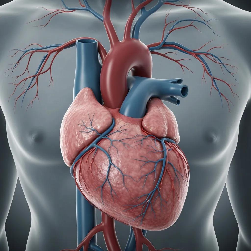 Heart anatomy illustration showing detailed structure of the heart and surrounding blood vessels, emphasizing cardiovascular systems relevant to health and medical discussions.