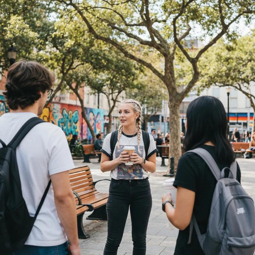 Young woman with braided hair holding a coffee cup, engaging in conversation with two peers in a vibrant outdoor setting, featuring colorful graffiti and park benches.