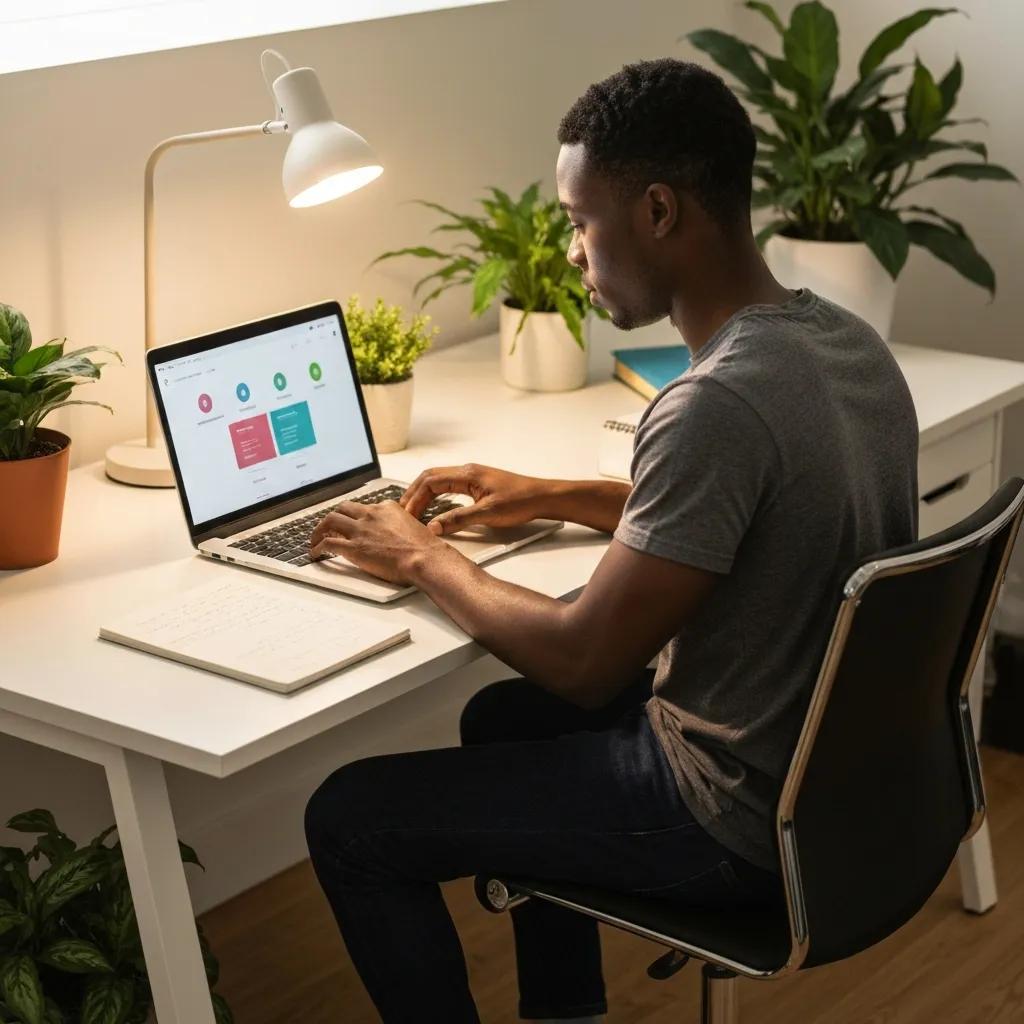 Person using a laptop in a modern workspace, engaging with a time tracking app, surrounded by plants and a desk lamp, emphasizing productivity and efficient time management.
