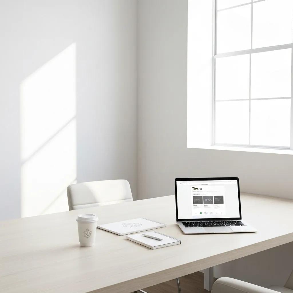 Modern workspace featuring a laptop displaying time tracking software, notepad, and coffee cup on a light wooden table, emphasizing productivity and efficient time management.