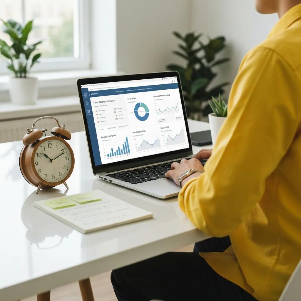 Person in yellow shirt using laptop displaying time tracking software with productivity graphs, alarm clock, and notepad on desk in modern workspace.