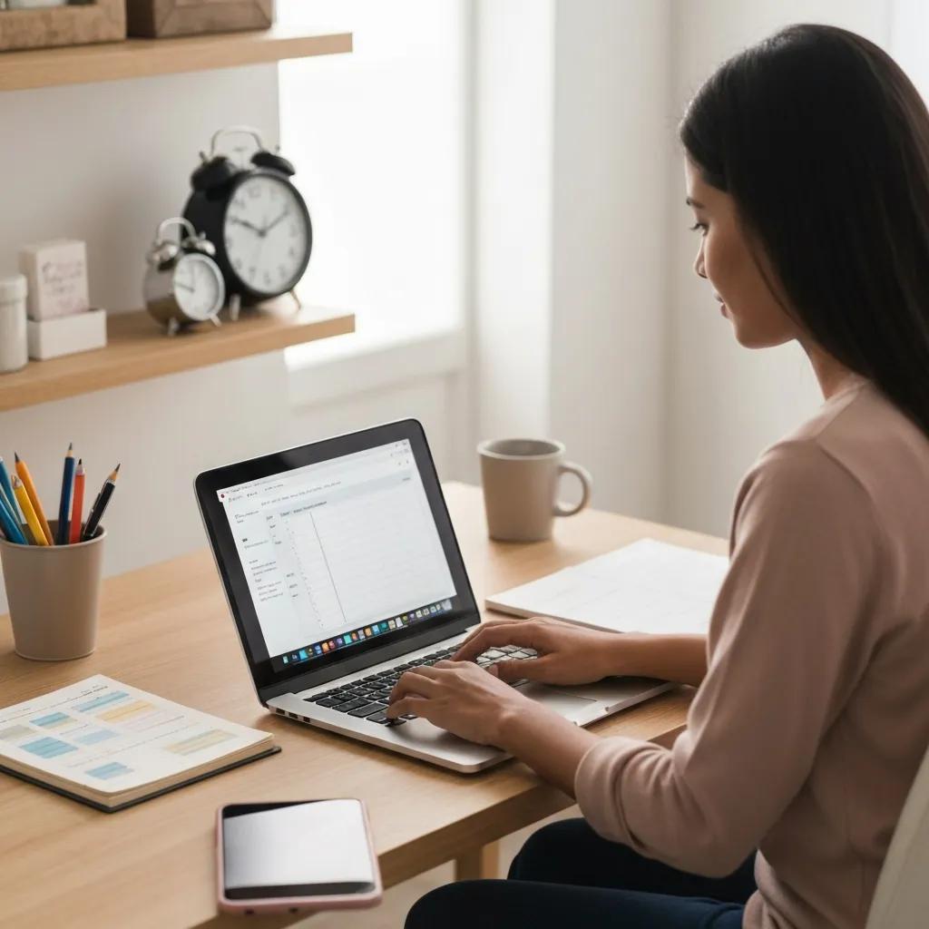 Person in a cozy home office using a laptop, illustrating the benefits of time tracking for productivity