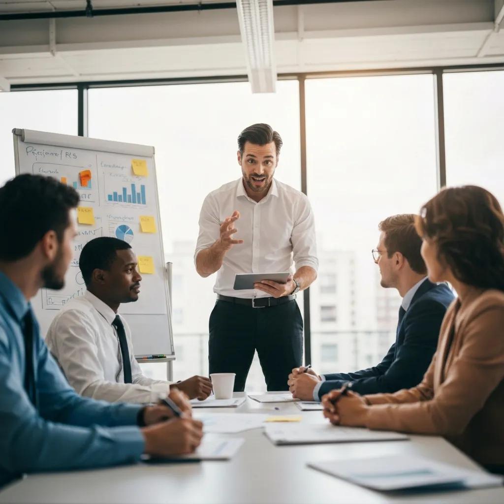 Project manager presenting data on a tablet during a team meeting, discussing project management and timesheet solutions with colleagues in a modern office setting.