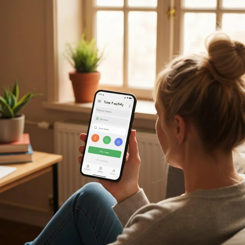 Smartphone displaying a time tracking app in a cozy home office, illustrating user-friendly features