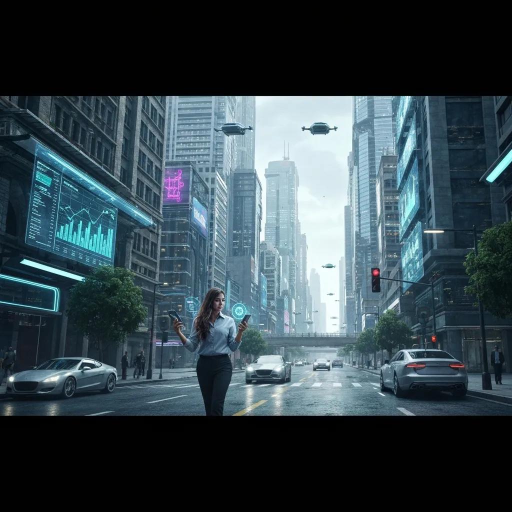 Woman interacting with AI-driven reporting tools in a futuristic urban setting, showcasing advanced data analytics on digital screens, with autonomous vehicles and drones in the background, highlighting modern workforce management technologies.