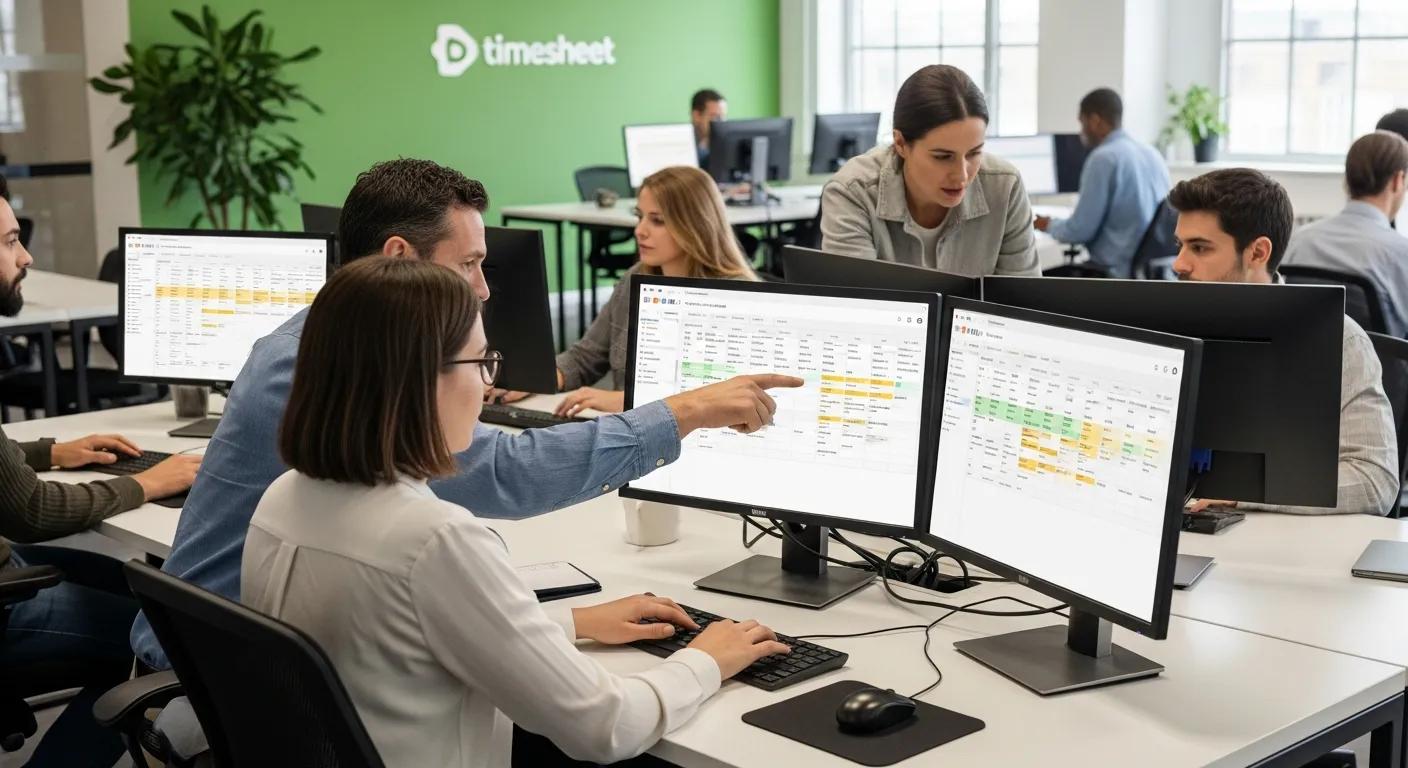 Professionals using electronic timesheet software in a modern office environment