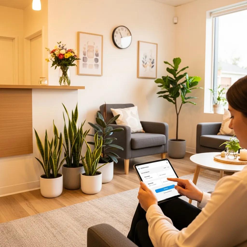 Client using appointment scheduling software on a tablet in a welcoming reception area with plants and modern decor.