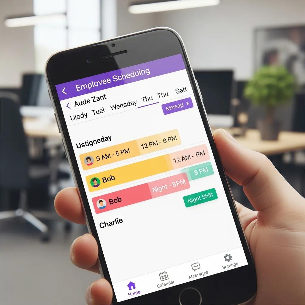 Close-up of a smartphone displaying an employee scheduling app interface with shift details for multiple employees in an office setting, illustrating features relevant to workforce management and scheduling efficiency.