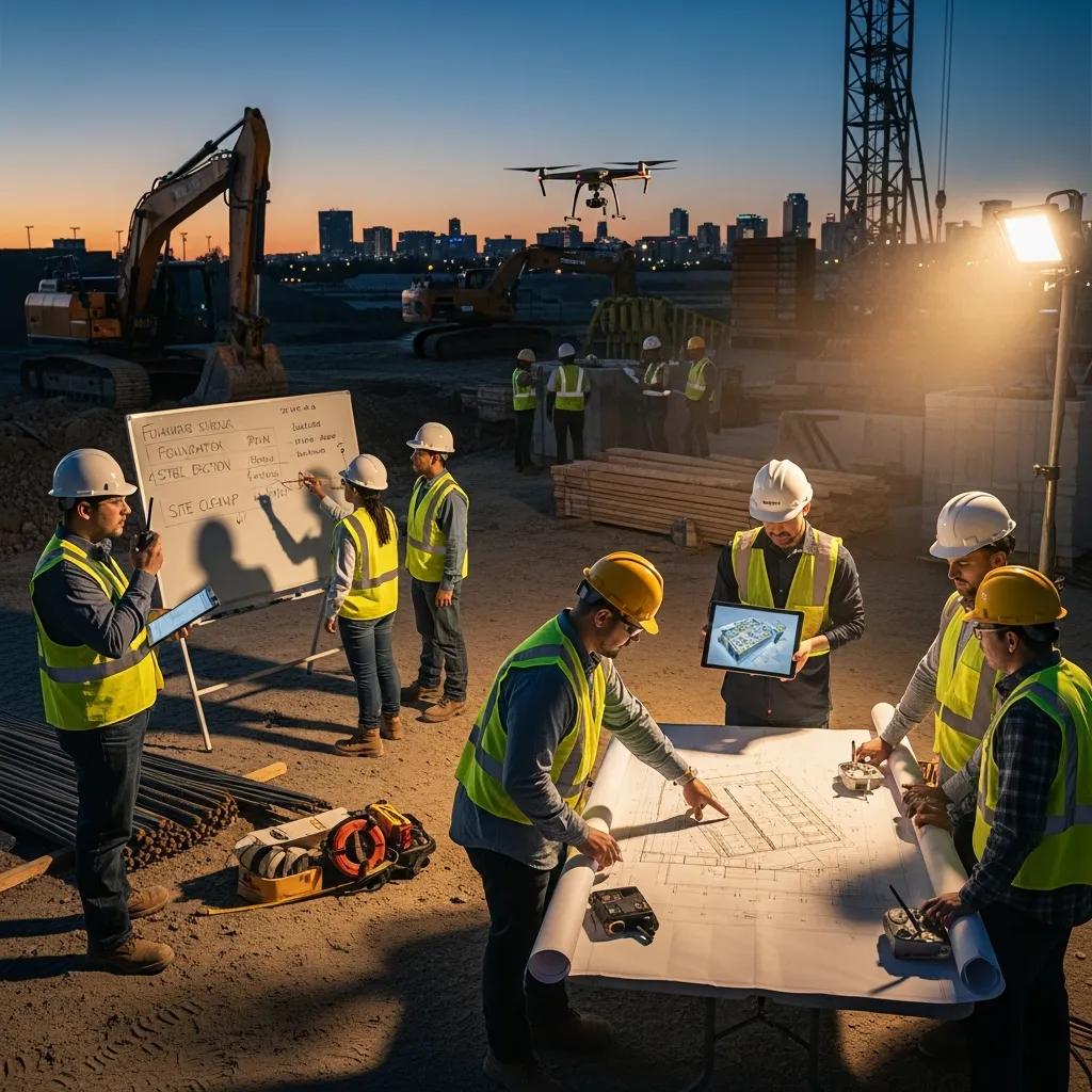 Construction workers collaborating on site with planning tools and digital devices, reviewing blueprints and project schedules, while a drone captures aerial data, emphasizing efficient labor management and coordination.