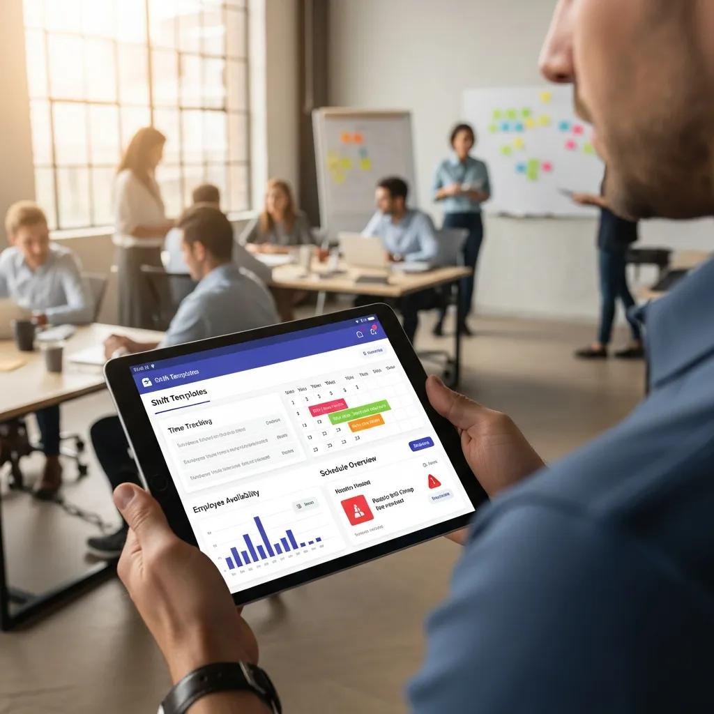 Employee holding a tablet displaying employee scheduling software features, including shift templates, time tracking, and employee availability, in a collaborative office environment with colleagues in the background.