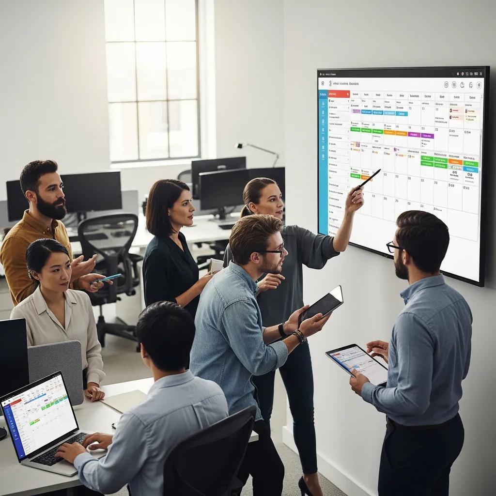 Diverse employees collaborating on workforce scheduling in a modern office