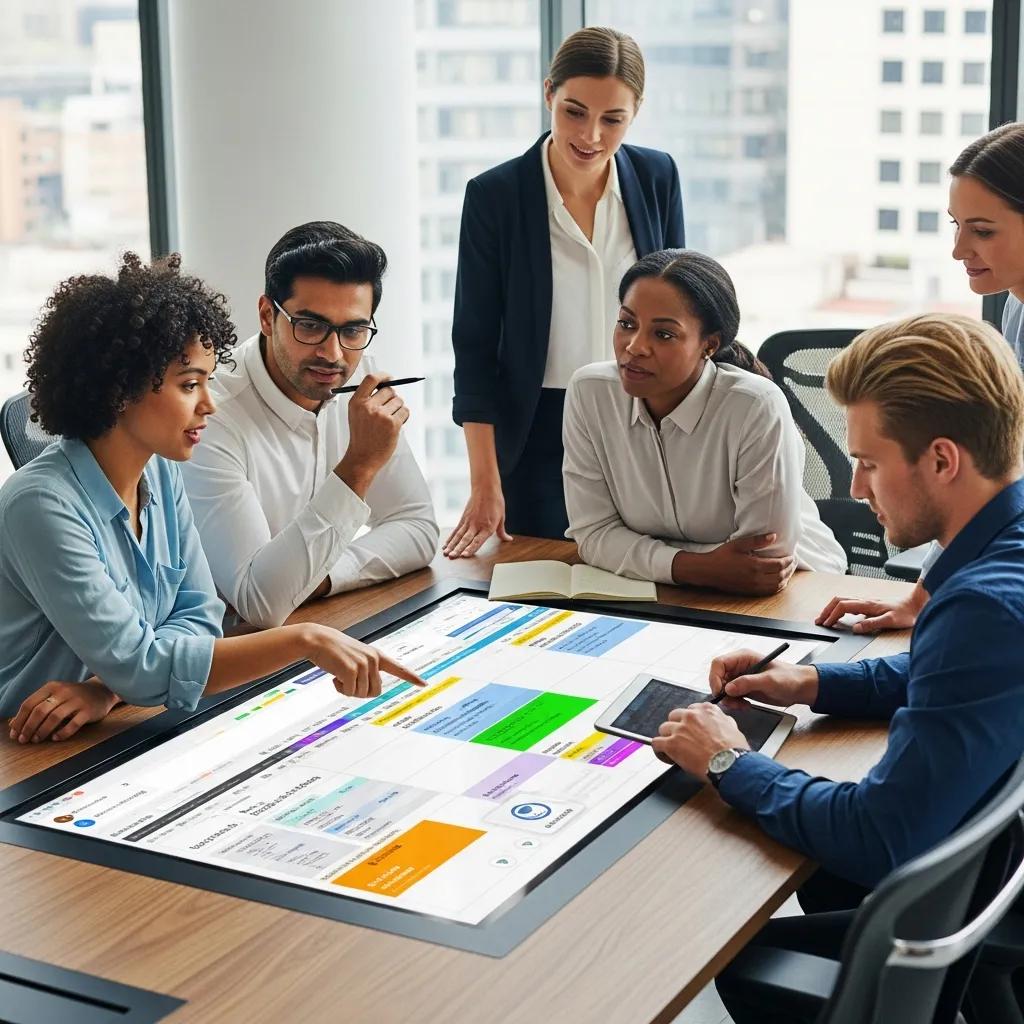Diverse professionals collaborating on labor scheduling strategies in a modern office