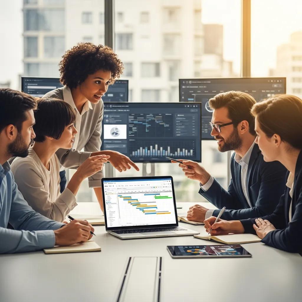 Diverse professionals collaborating on workforce management strategies in a modern office setting