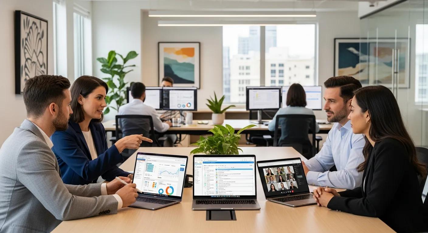 Professionals collaborating in a modern office environment, emphasizing business software usage