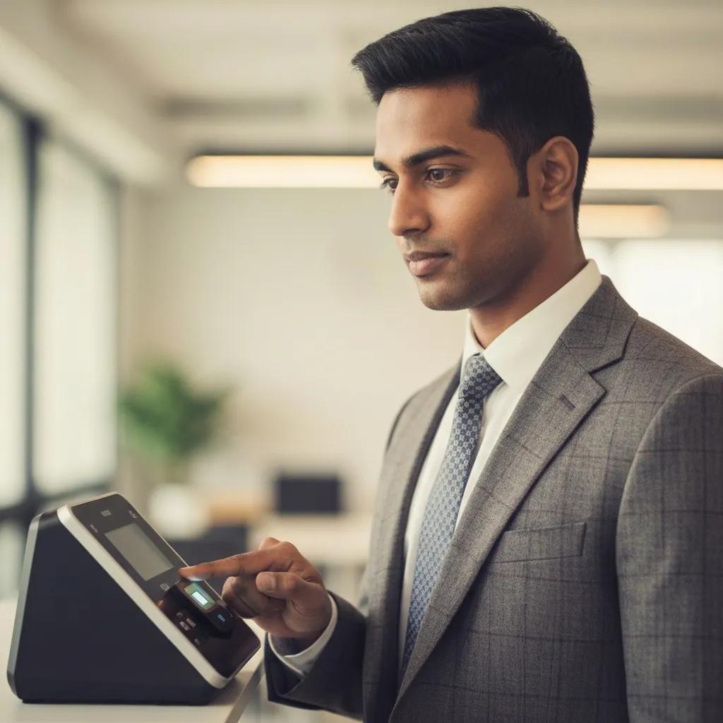 Employee using biometric time clock for secure clock-in, enhancing accuracy and security in timekeeping systems.