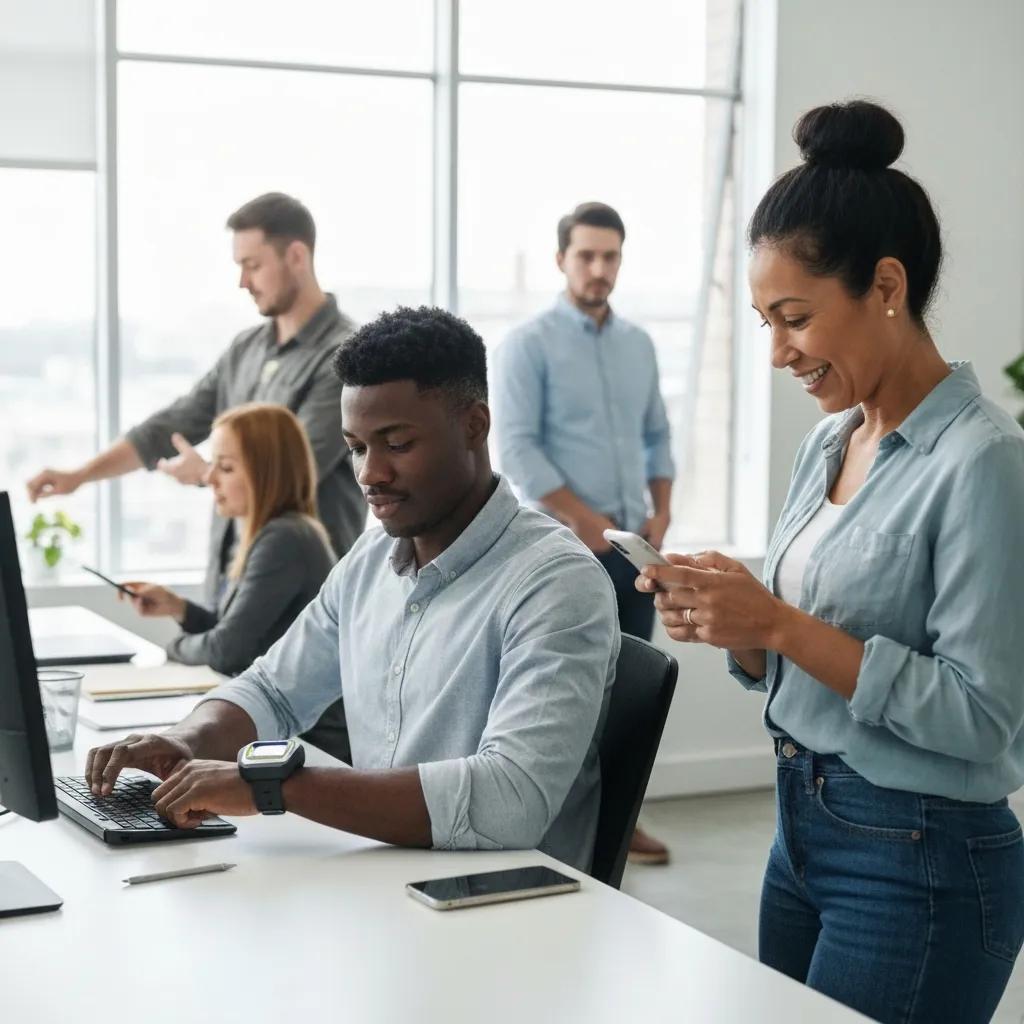 Employees using modern timekeeping systems in a collaborative office environment, engaging with computers and mobile devices to streamline productivity and enhance workforce management.