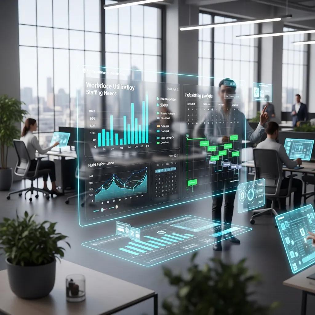 Futuristic digital interface displaying AI-driven analytics for staffing and scheduling, featuring graphs, charts, and project management tools in a modern office setting.