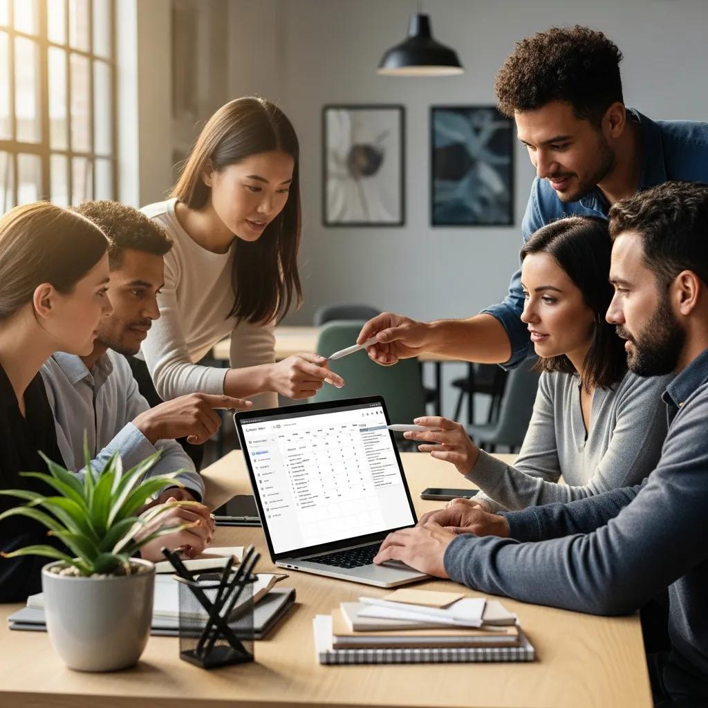 Group of professionals collaborating on scheduling software in a modern office