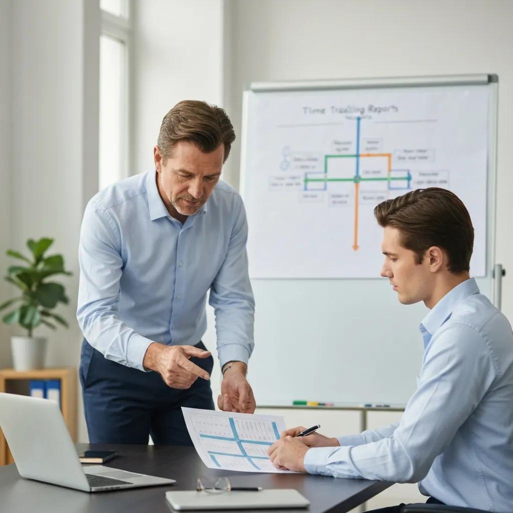 Manager and employee discussing time tracking reports, highlighting accountability and teamwork