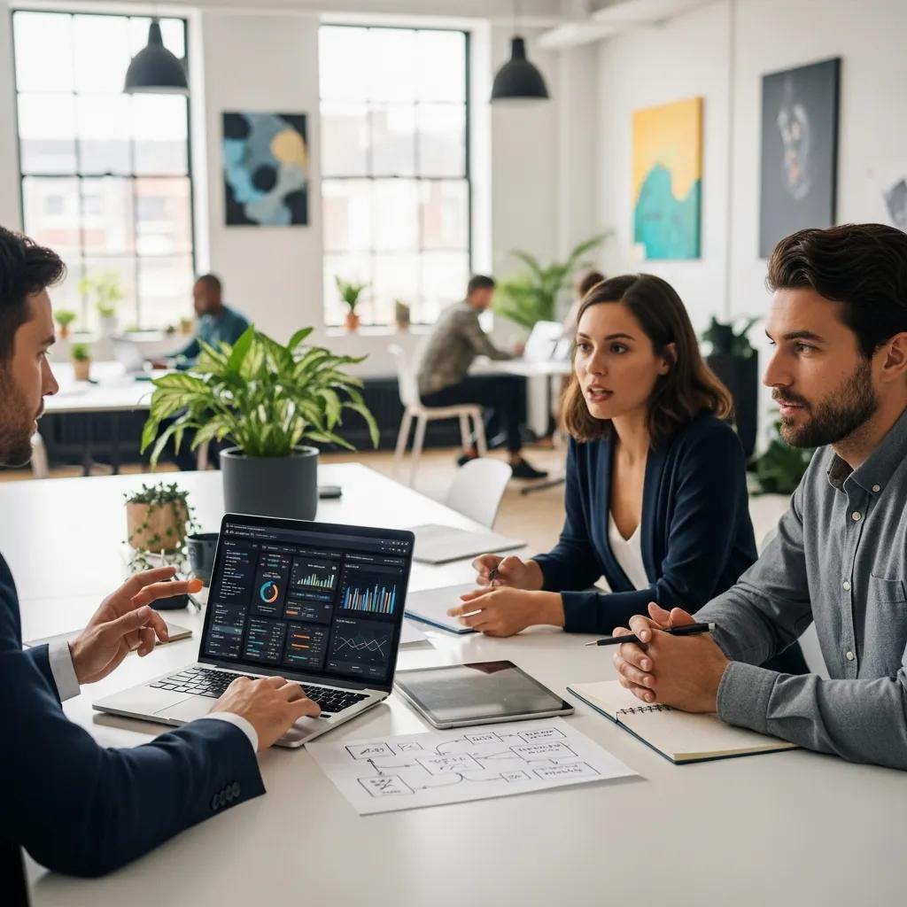 Manager discussing scheduling optimization strategies with team members in a collaborative workspace, analyzing data on laptop, surrounded by plants and office materials.