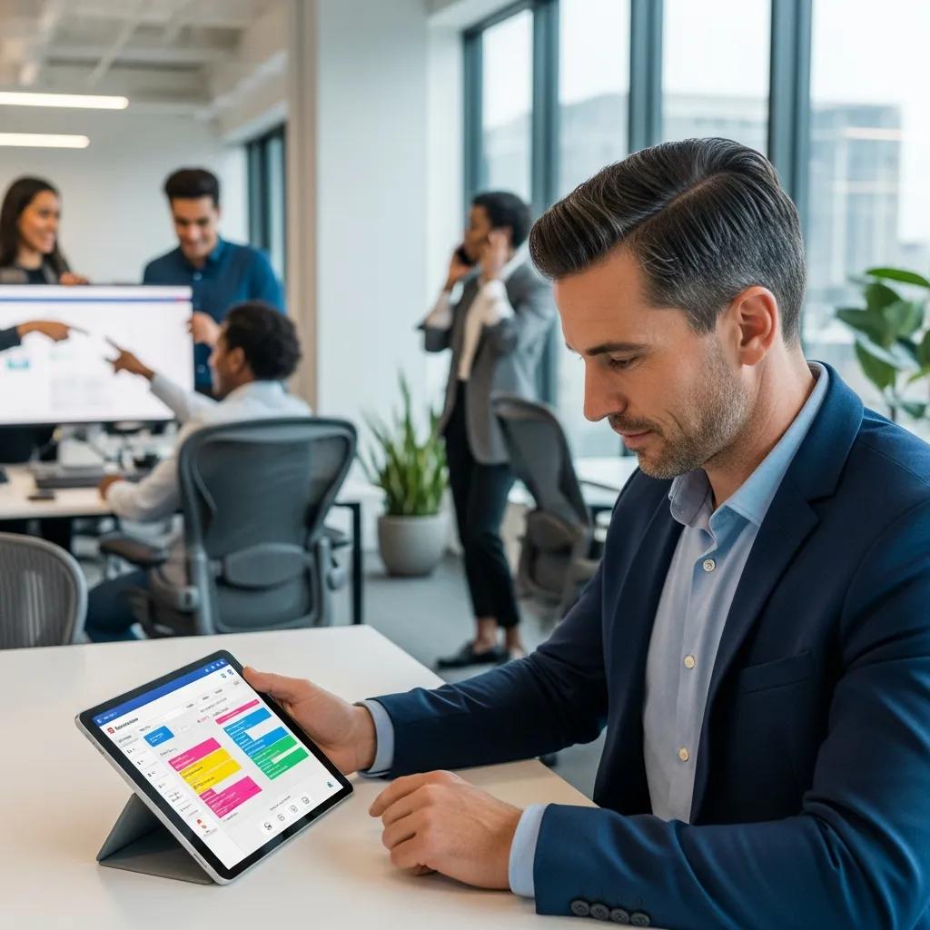 Manager using employee scheduling software in a busy workplace